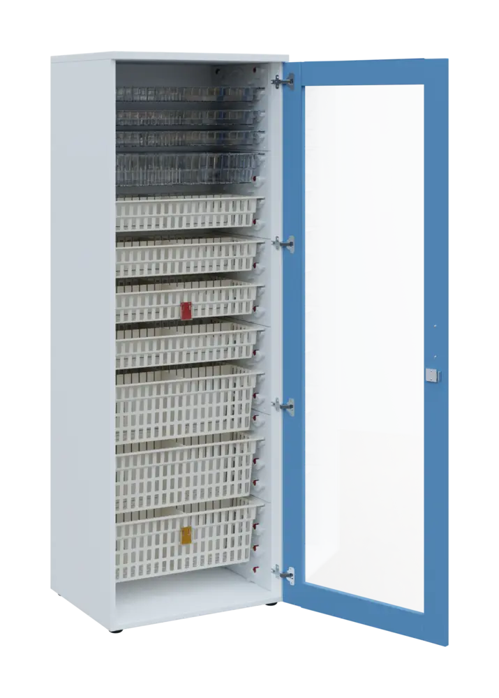 EUROMEDICA S - 66 skříň léková boxová, 1-dveřová/prosklená, pravá, 1950x660x535, korpus bílý, dvířka pastelově modrá